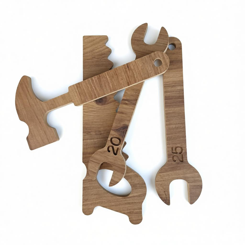 Wooden Child’s Tool Set in Brown, MDF Pretend Play Repair Kit - close up of the product detail