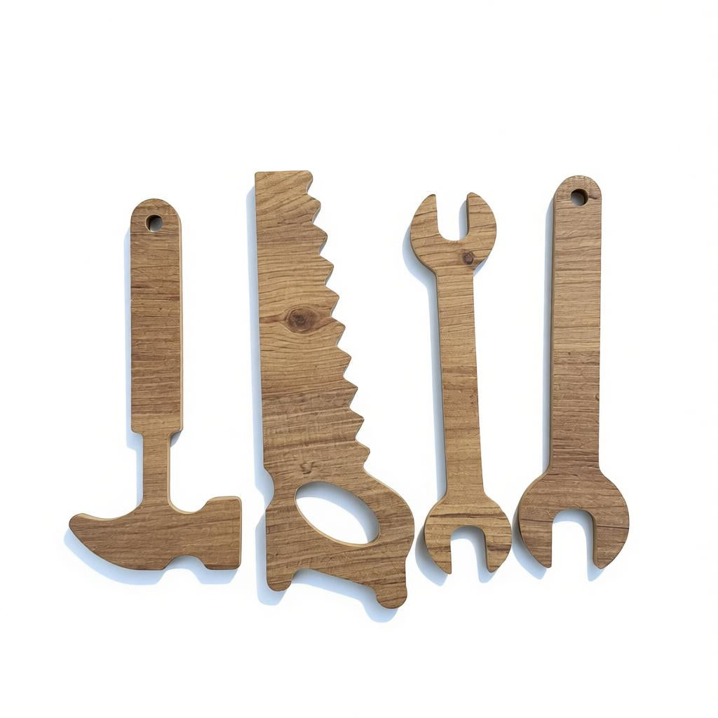 Wooden Child’s Tool Set in Brown, MDF Pretend Play Repair Kit - side view showing the product profile