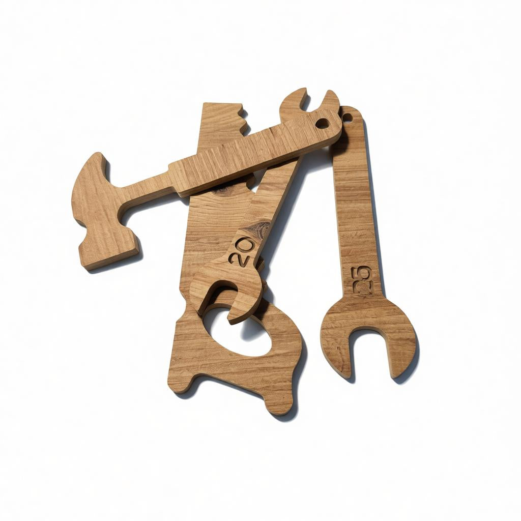 Wooden Child’s Tool Set in Brown, MDF Pretend Play Repair Kit - size and shape detail
