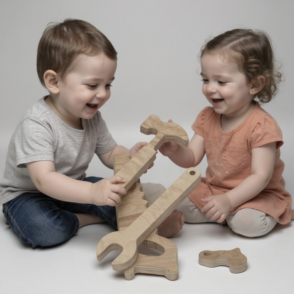 Wooden Child Repair Tool Set Toy | Hands-On Pretend Play Board, 25 cm - close up of the wooden puzzle design
