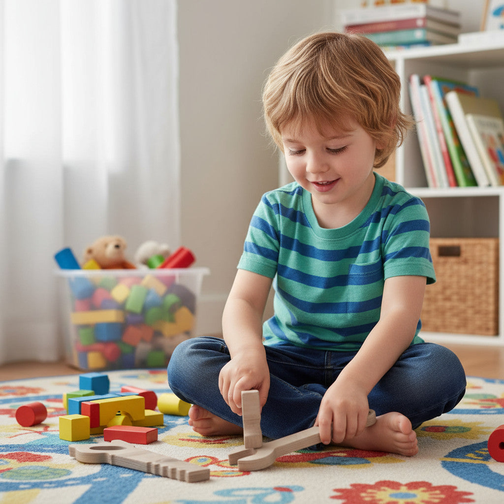 Wooden Child Repair Tool Set Toy | Hands-On Pretend Play Board, 25 cm - side view showing the slim profile