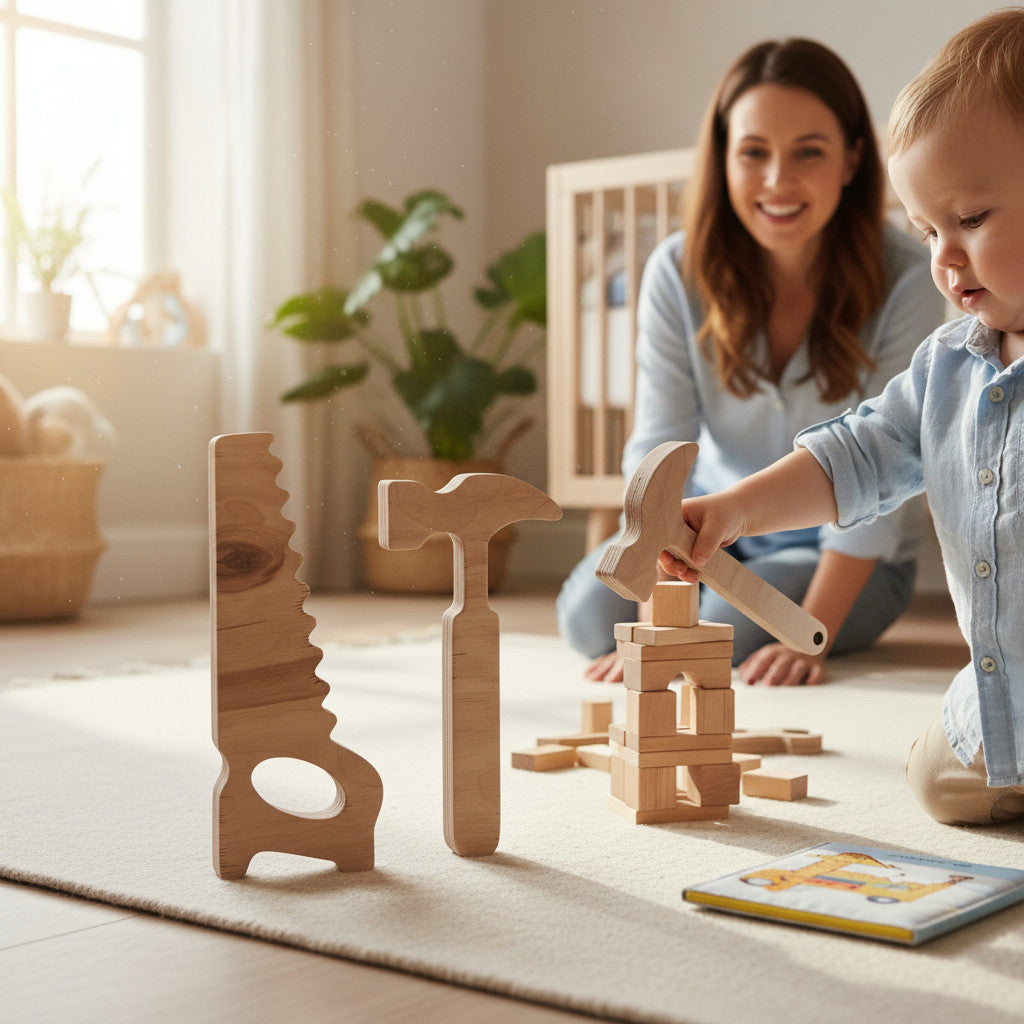 Wooden Child Repair Tool Set Toy | Hands-On Pretend Play Board, 25 cm - front view of the wooden activity toy