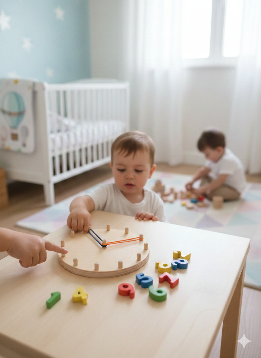 Wooden Elastic Clock Puzzle Board, Round Kids Activity Toy, Handmade Wooden Learning Clock for Toddlers and Nursery Play - main product view