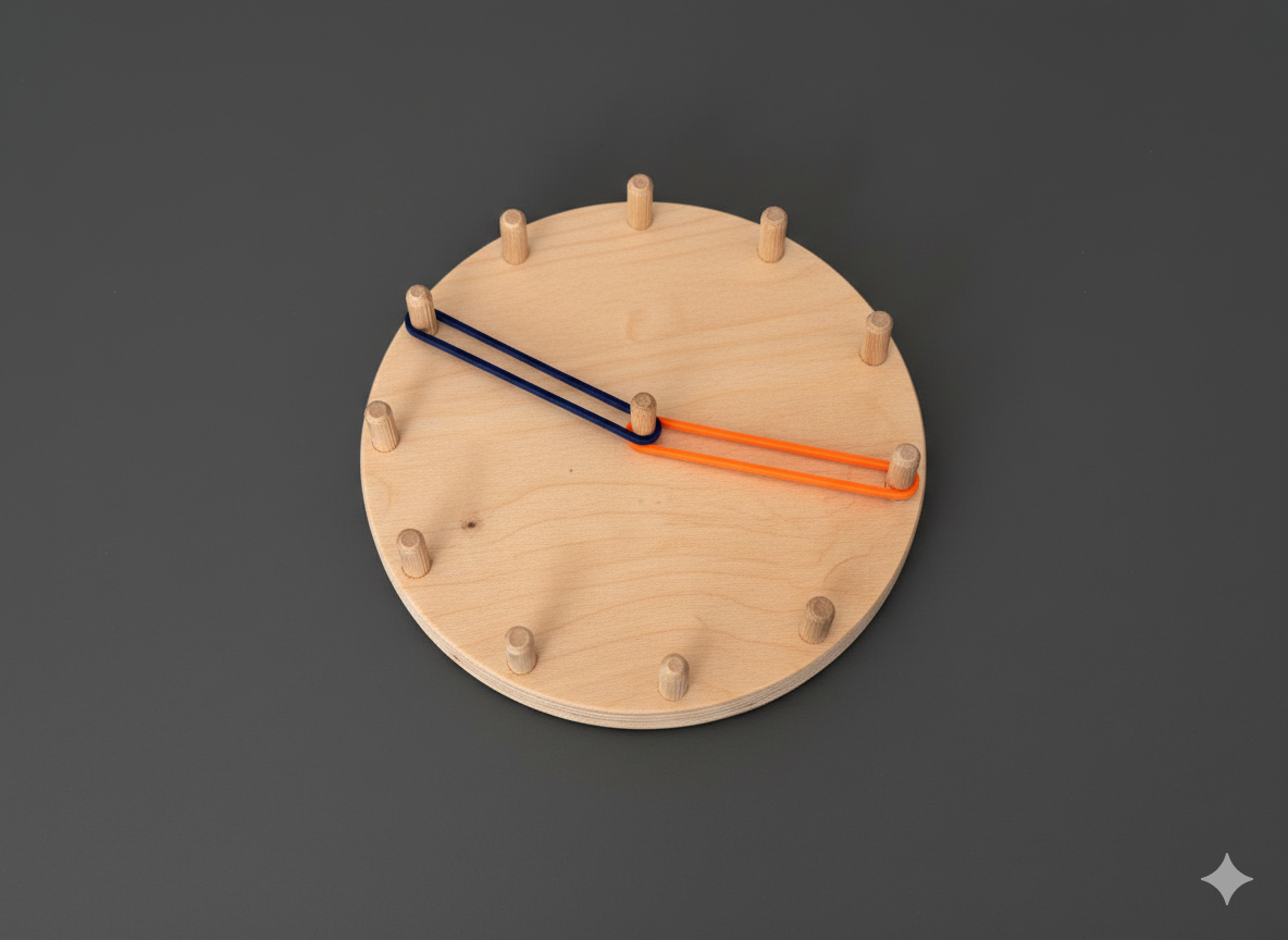 Wooden Elastic Clock Puzzle Board, Round Kids Activity Toy, Handmade Wooden Learning Clock for Toddlers and Nursery Play - close up of the wooden puzzle design