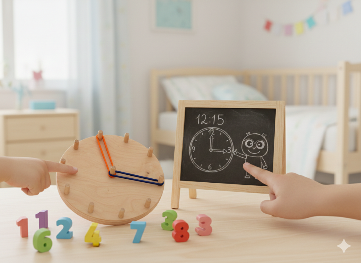Wooden Elastic Clock Puzzle Board, Round Kids Activity Toy, Handmade Wooden Learning Clock for Toddlers and Nursery Play - side view showing the slim profile