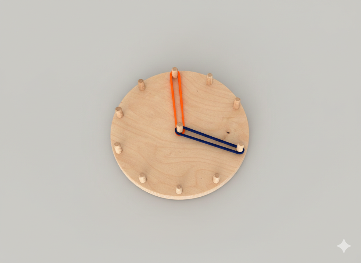 Wooden Elastic Clock Puzzle Board, Round Kids Activity Toy, Handmade Wooden Learning Clock for Toddlers and Nursery Play - scale and shape detail