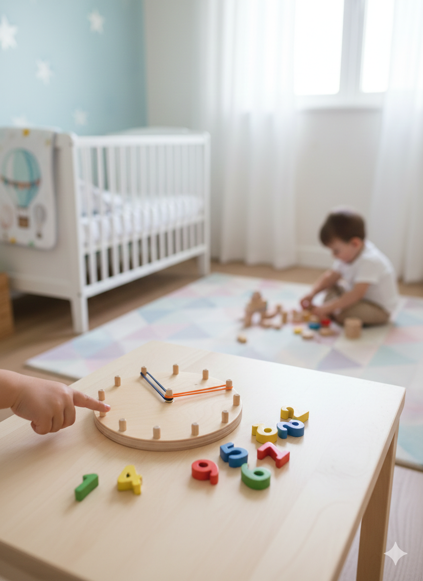 Wooden Elastic Clock Puzzle Board, Round Kids Activity Toy, Handmade Wooden Learning Clock for Toddlers and Nursery Play - front view of the wooden activity toy