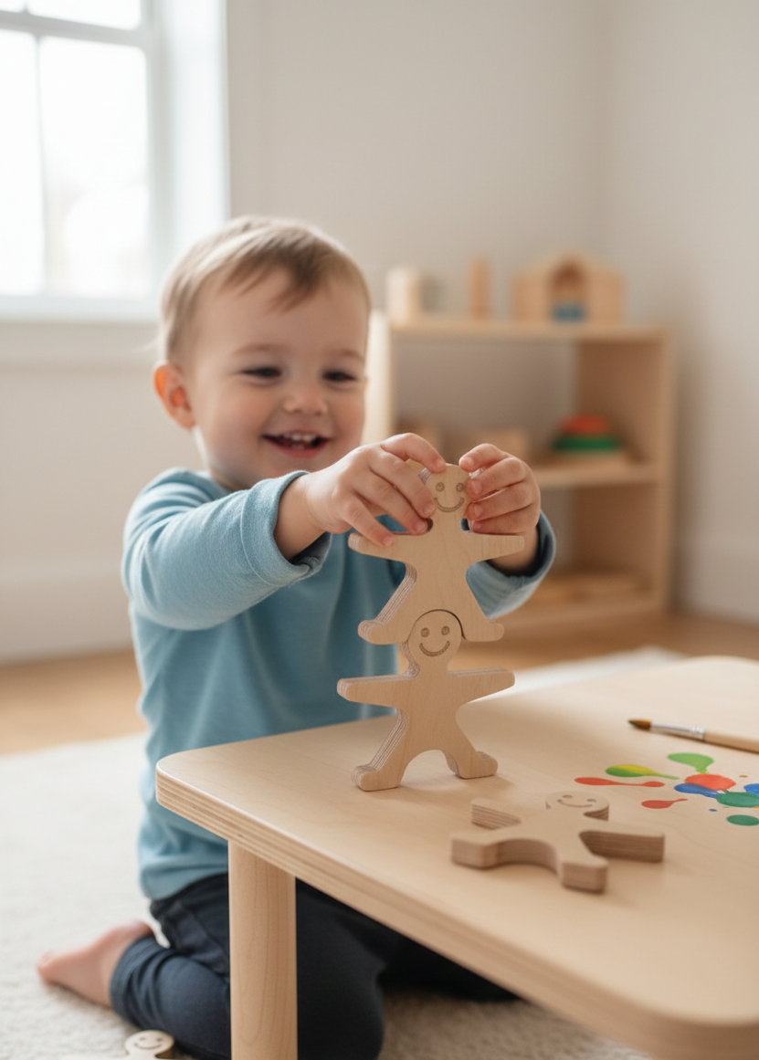 Wooden Man Puzzle Toy, Handmade Wooden Activity Toy, Simple Shape Puzzle for Kids - front view of the wooden activity toy