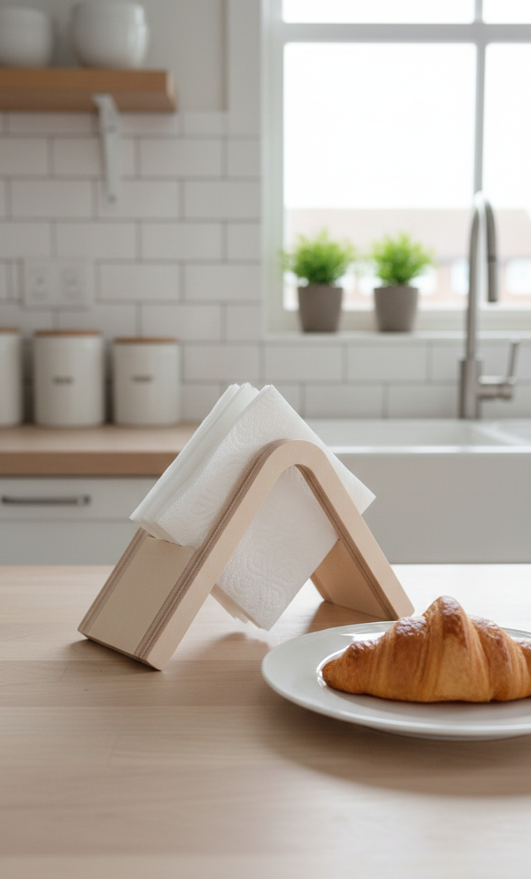 Wooden Napkin Holder, Tabletop Tissue Holder, Handmade Wooden Tissue Dispenser, Minimal Desk and Dining Table Accessory - side view showing the product profile