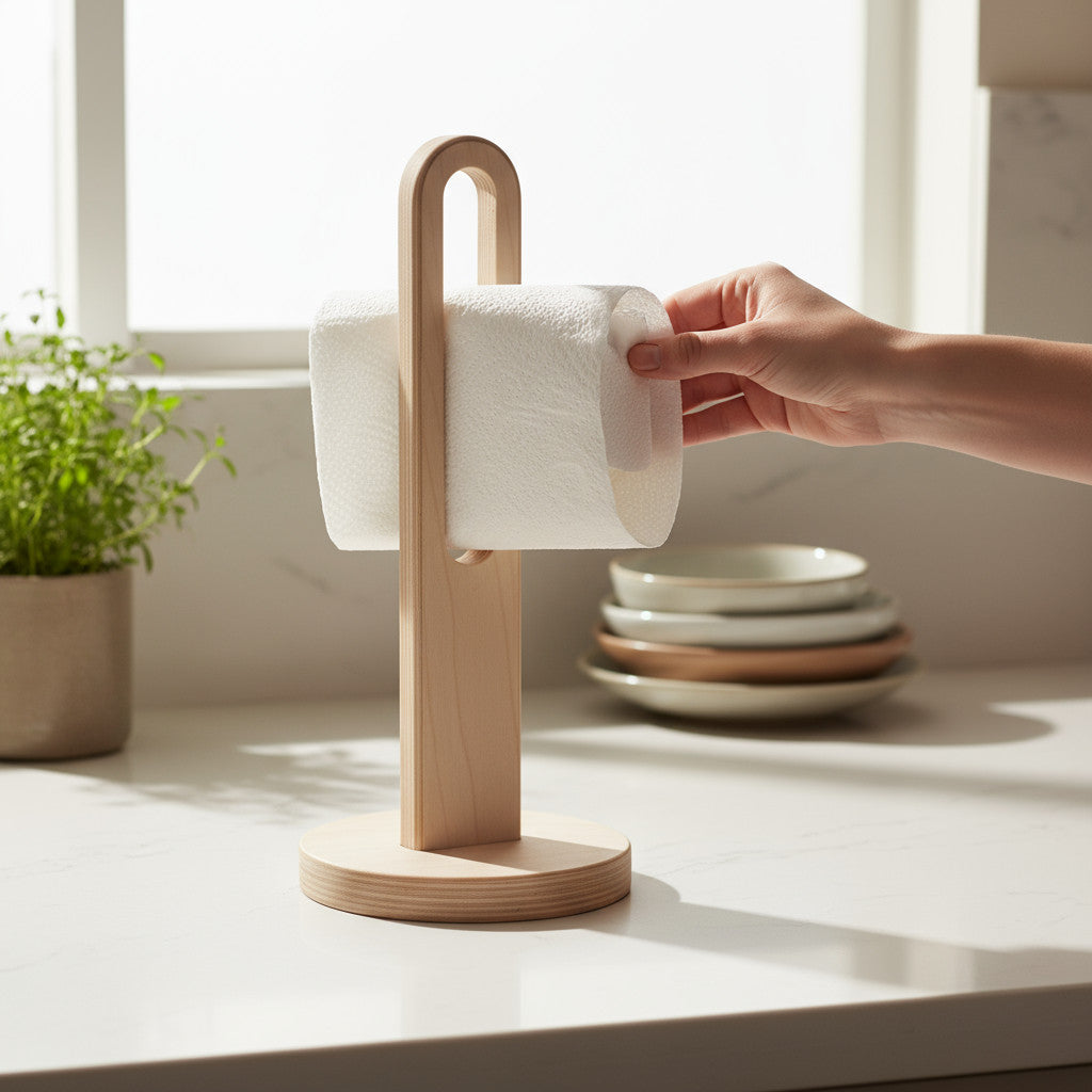 Wooden Paper Towel Holder Stand, Countertop Kitchen Roll Holder, Minimal Rustic Home Storage - side view showing the product profile