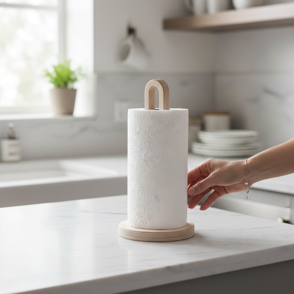 Wooden Paper Towel Holder Stand, Countertop Kitchen Roll Holder, Minimal Rustic Home Storage - size and shape detail