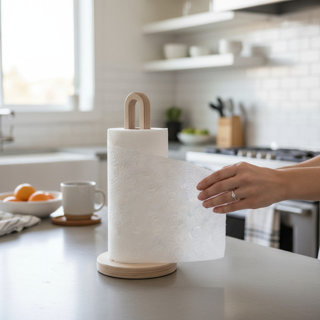 Wooden Paper Towel Holder Stand, Countertop Kitchen Roll Holder, Minimal Rustic Home Storage - styled use and display idea