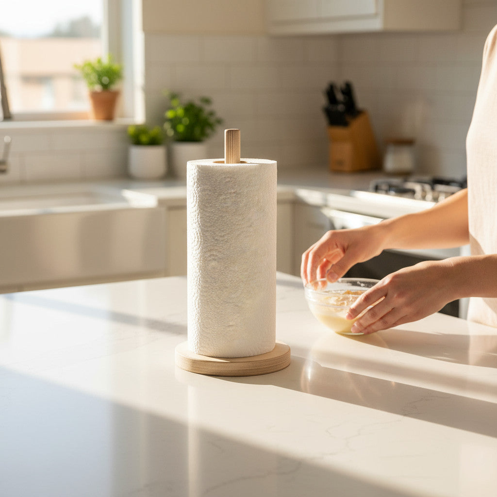 Wooden Paper Towel Holder Stand, Countertop Kitchen Roll Holder, Minimal Rustic Home Storage - front view of the product