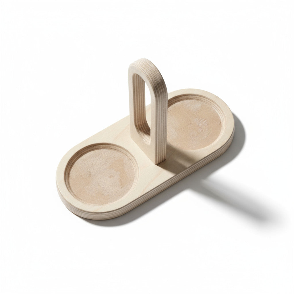Double Wooden Cup Carrier for Kids | Wooden Pretend Play Accessory | Handmade Toy Carrier - close up of the wooden puzzle design