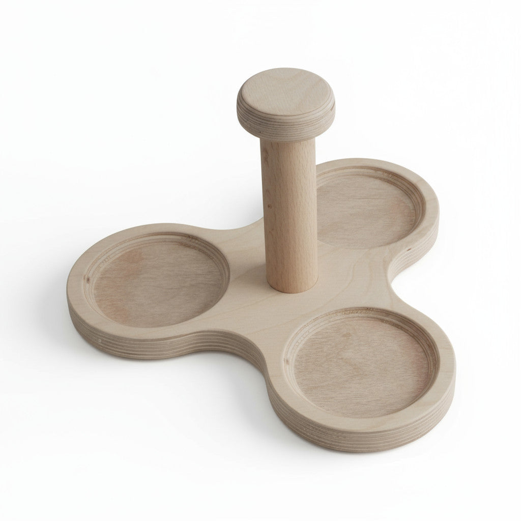 Triple Wooden Cup Carrier Toy | Handmade Pretend Play Accessory, 23 cm Wooden Holder for Kids - front view of the wooden activity toy