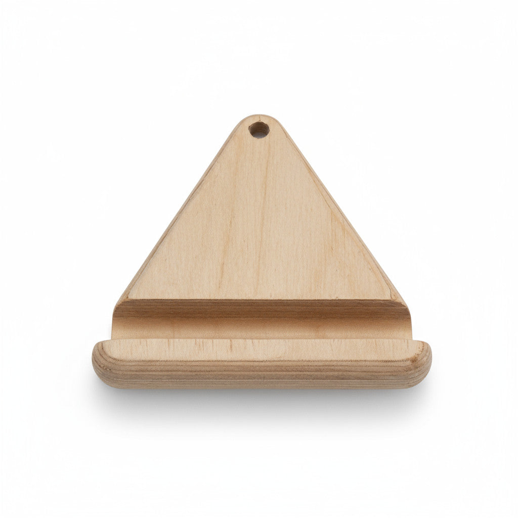 Wooden Triangle Phone Holder, Minimal Desk Stand for Phone Display - close up of the product detail