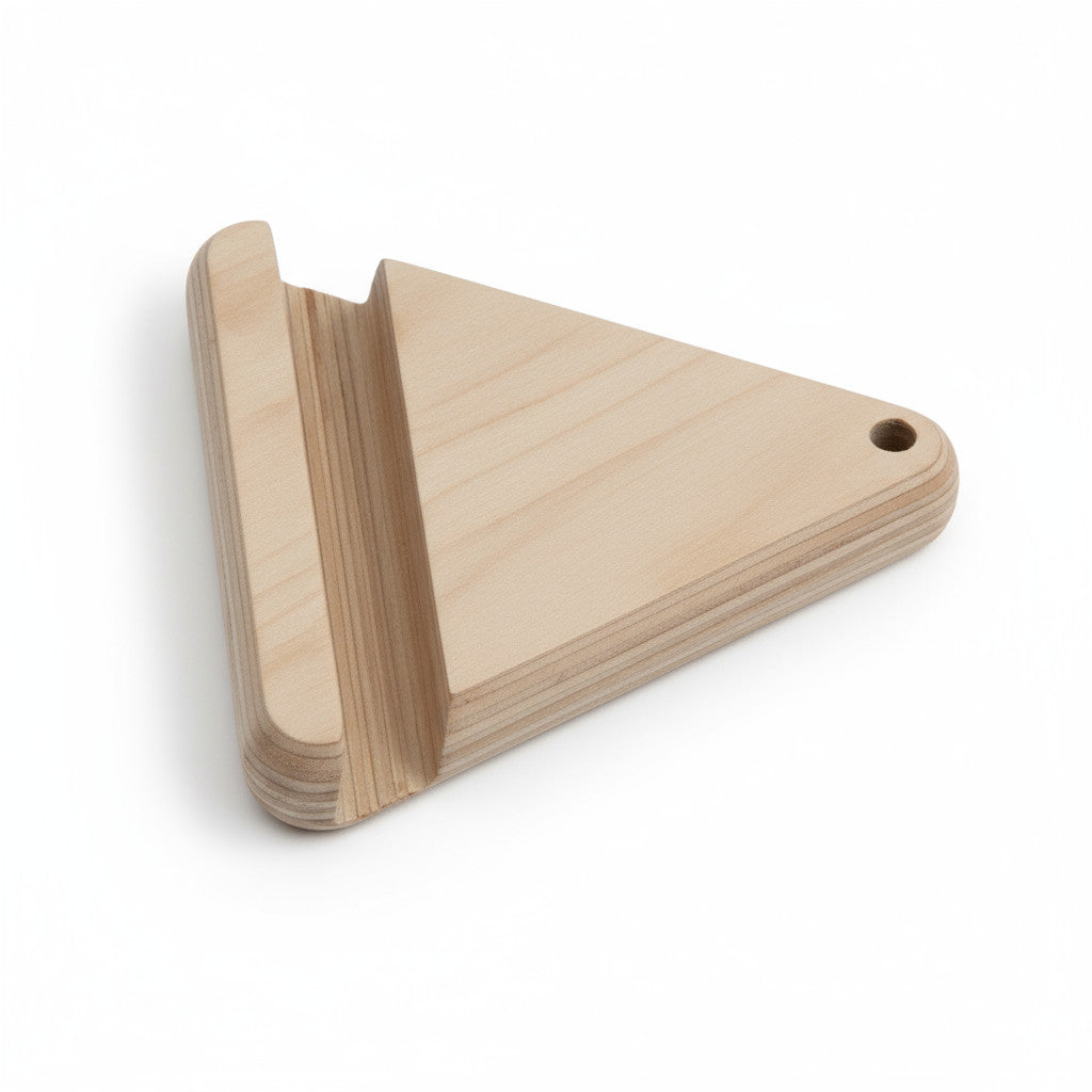 Wooden Triangle Phone Holder, Minimal Desk Stand for Phone Display - wood material and finish detail