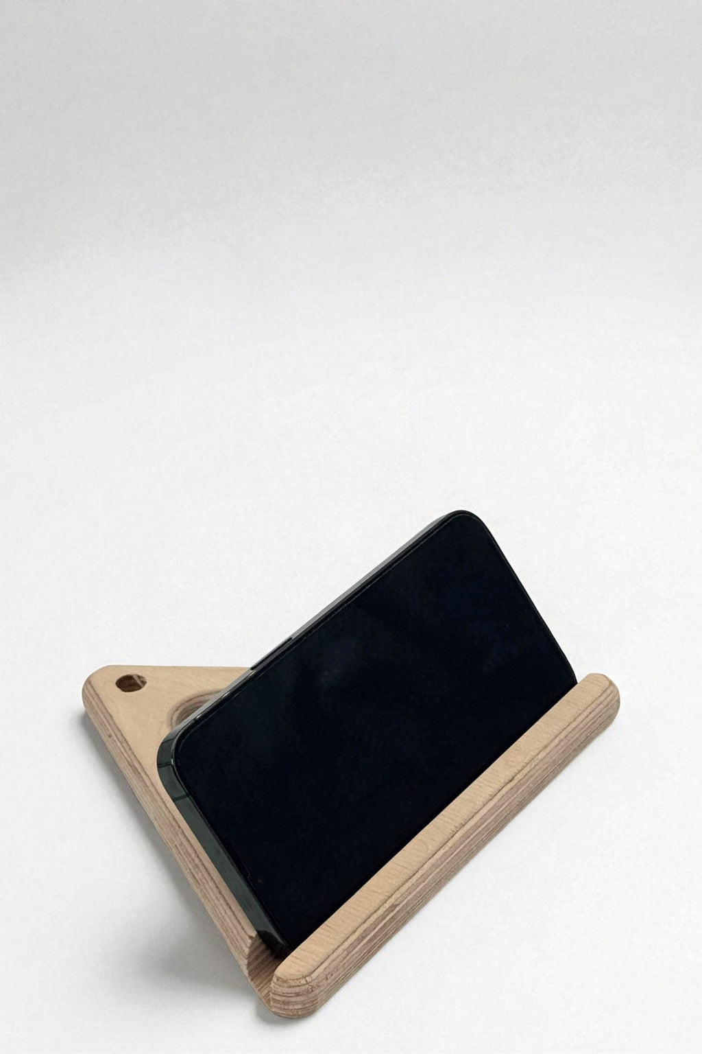 Wooden Triangle Phone and Tablet Holder, Compact Stand for Desk or Nightstand - close up of the product detail