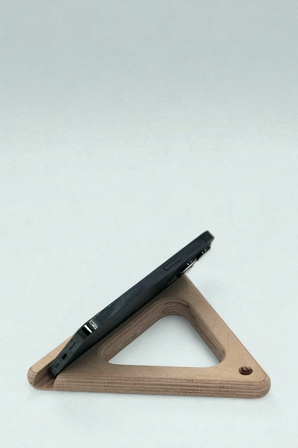 Wooden Triangle Phone and Tablet Holder, Compact Stand for Desk or Nightstand - detail view for shoppers