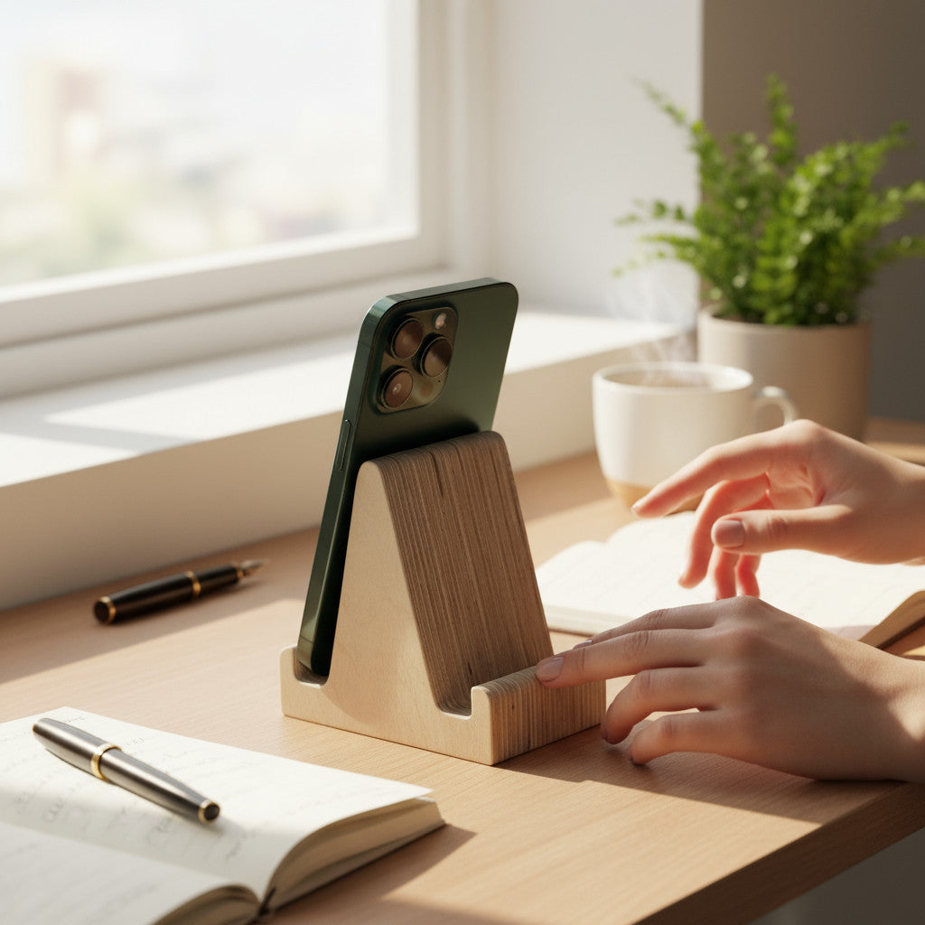 Double-Sided Wooden Phone Holder for Kids Play - wood material and finish detail
