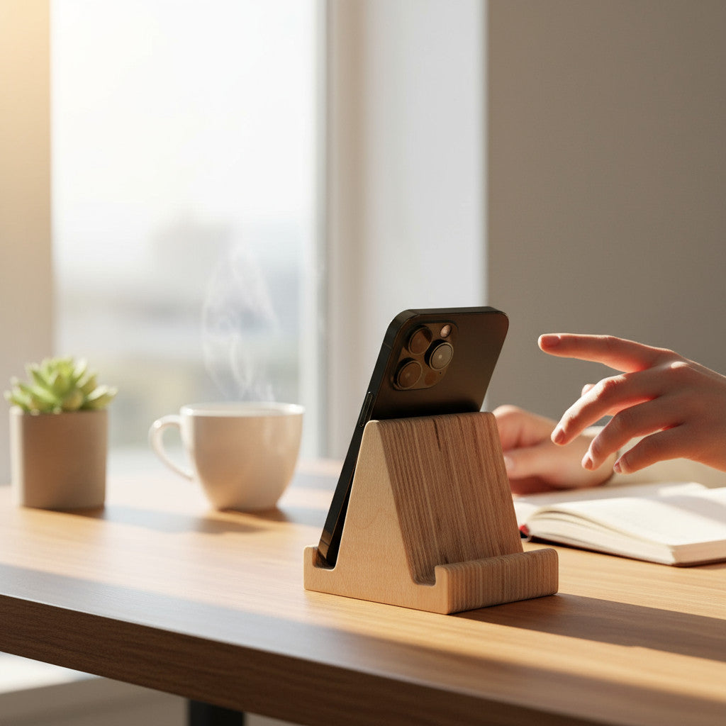 Double-Sided Wooden Phone Holder for Kids Play - front view of the product