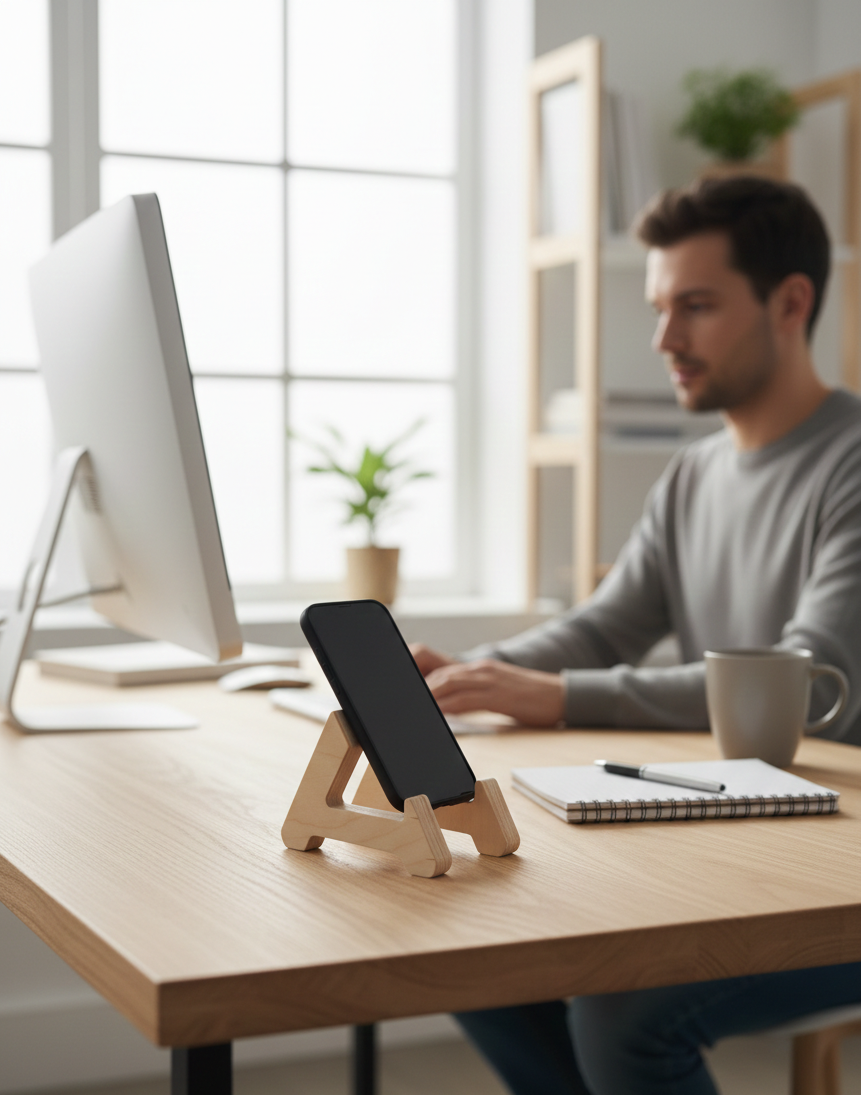 45 Degree Wooden Phone Holder, Angled Desk Stand for Home or Office - side view showing the product profile