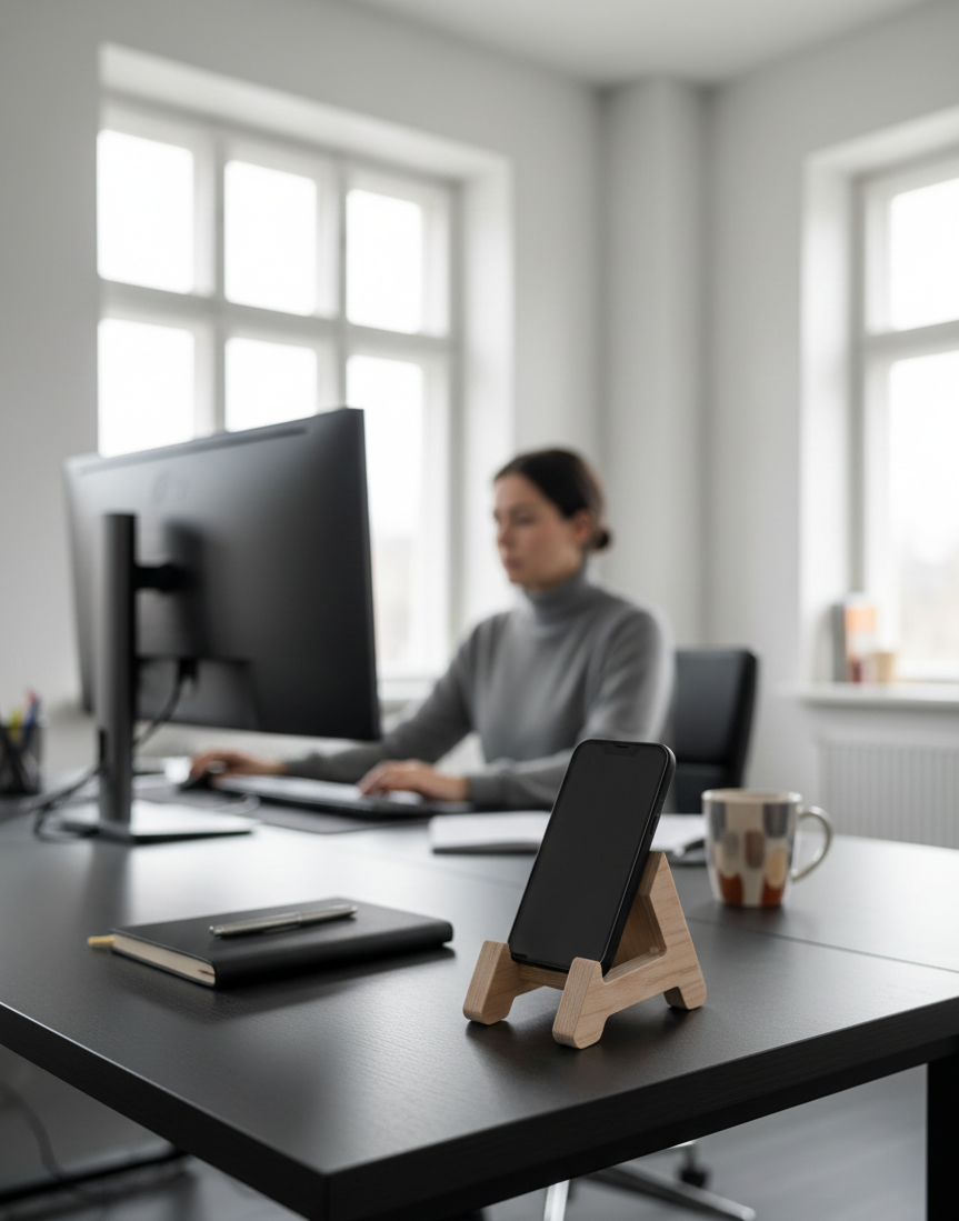 45 Degree Wooden Phone Holder, Angled Desk Stand for Home or Office - size and shape detail
