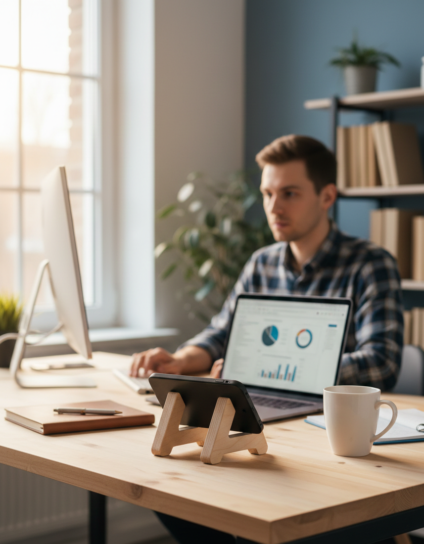 45 Degree Wooden Phone Holder, Angled Desk Stand for Home or Office - styled use and display idea