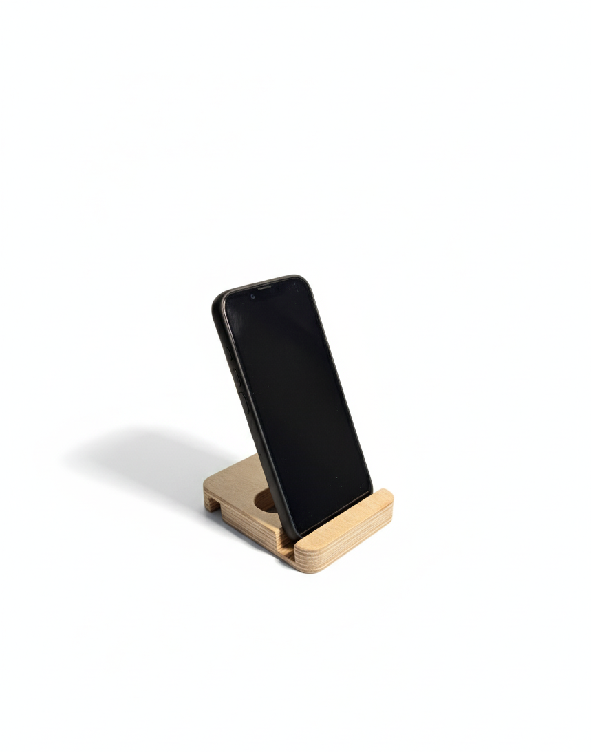 Wooden Flat Phone Holder, Compact Desk Stand for Mobile Phones, Natural Wood Phone Rest - close up of the product detail