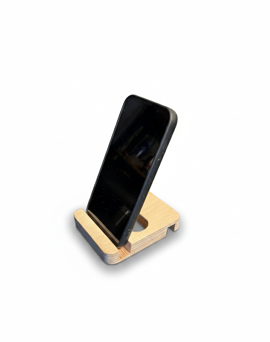 Wooden Flat Phone Holder, Compact Desk Stand for Mobile Phones, Natural Wood Phone Rest - side view showing the product profile