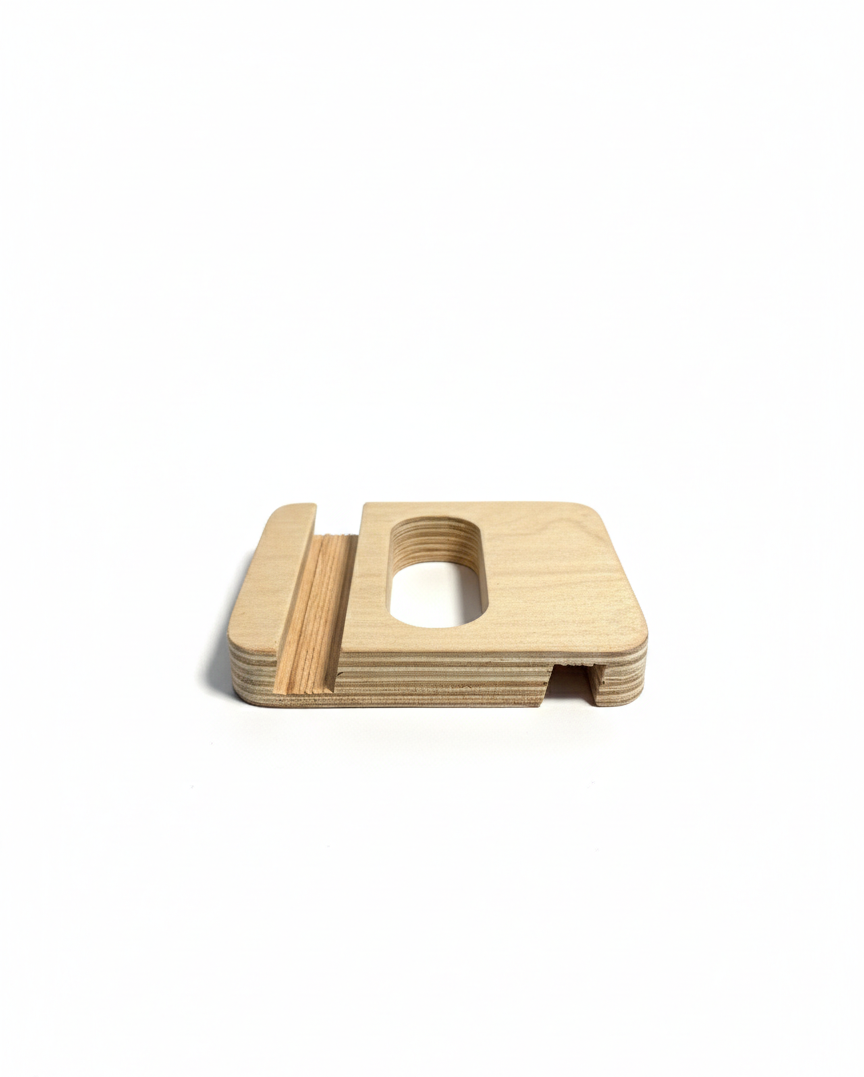 Wooden Flat Phone Holder, Compact Desk Stand for Mobile Phones, Natural Wood Phone Rest - size and shape detail