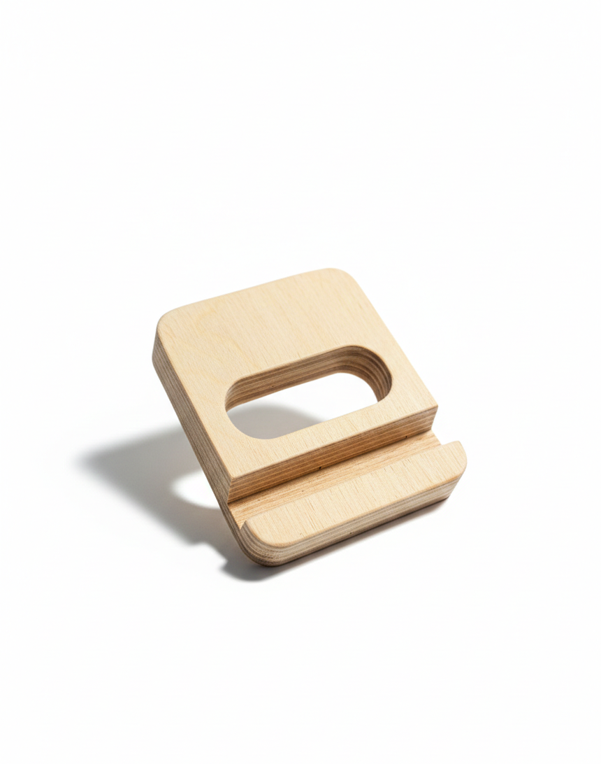 Wooden Flat Phone Holder, Compact Desk Stand for Mobile Phones, Natural Wood Phone Rest - styled use and display idea