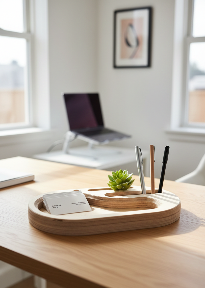 Wooden Office Business Card Holder Display Stand for Desk - side view showing the product profile