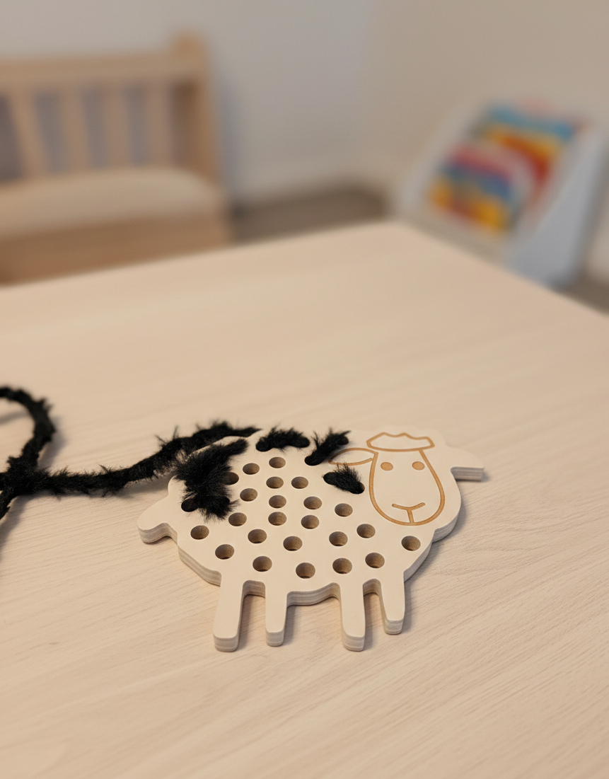 Grey Wooden Lamb Shape Puzzle Board | Handcrafted Animal Puzzle Toy | Nursery Shelf Decor Style Piece - handmade wooden toy detail