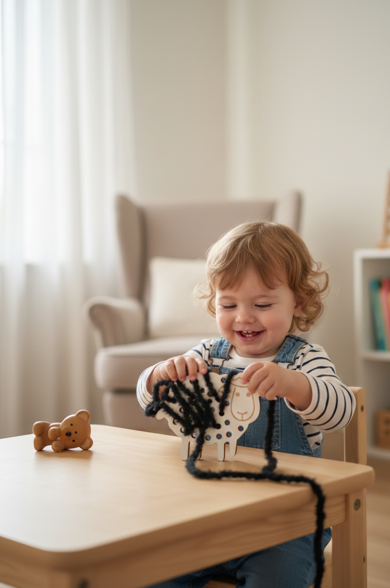Grey Wooden Lamb Shape Puzzle Board | Handcrafted Animal Puzzle Toy | Nursery Shelf Decor Style Piece - front view of the wooden activity toy