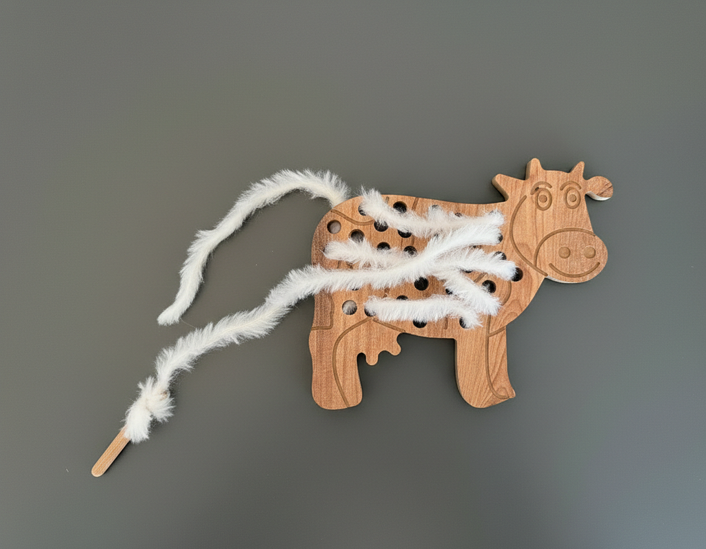Brown Wool-Style Cow Wooden Puzzle Toy | 21 cm Handmade Animal Puzzle for Kids - wood material and finish detail