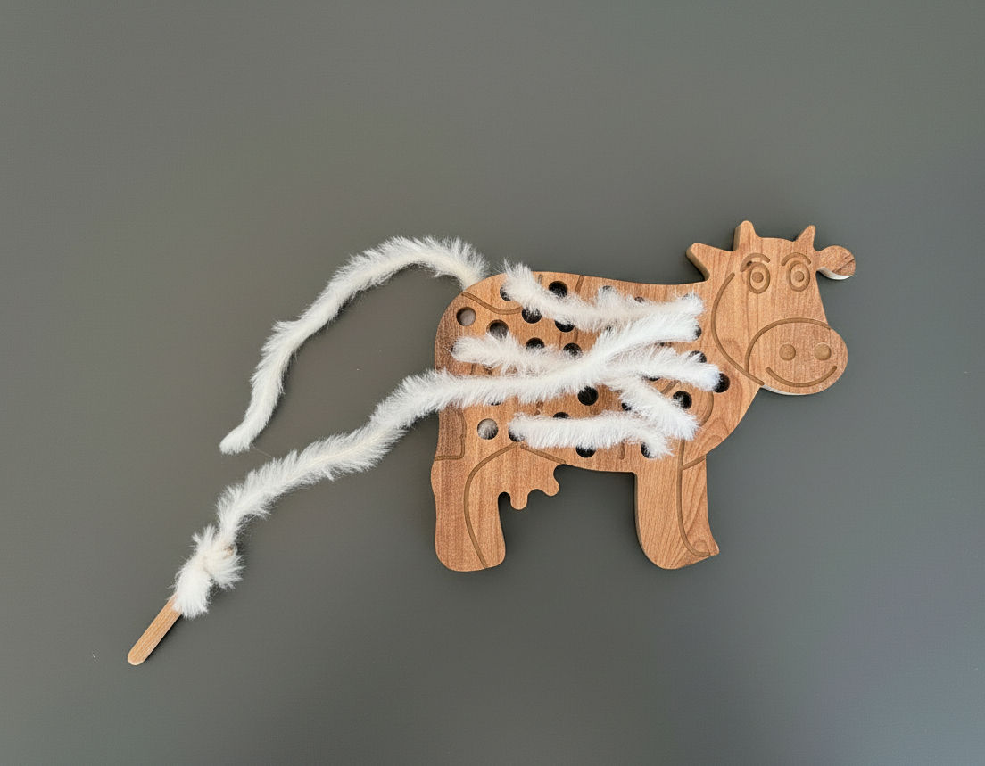 Brown Wool-Style Cow Wooden Puzzle Toy | 21 cm Handmade Animal Puzzle for Kids - wood material and finish detail