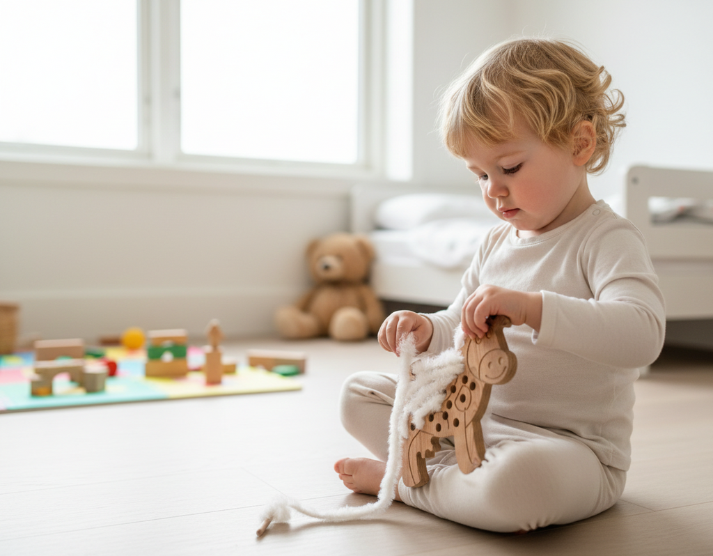 Brown Wool-Style Cow Wooden Puzzle Toy | 21 cm Handmade Animal Puzzle for Kids - side view showing the slim profile