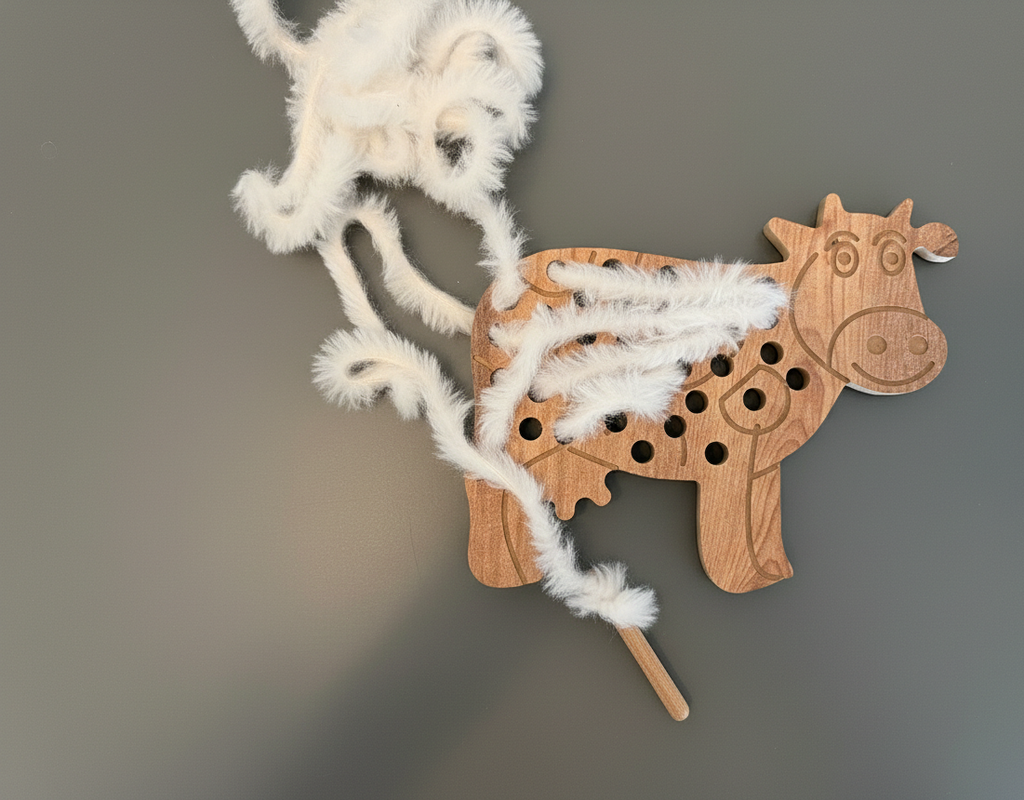Brown Wool-Style Cow Wooden Puzzle Toy | 21 cm Handmade Animal Puzzle for Kids - playroom or nursery display idea