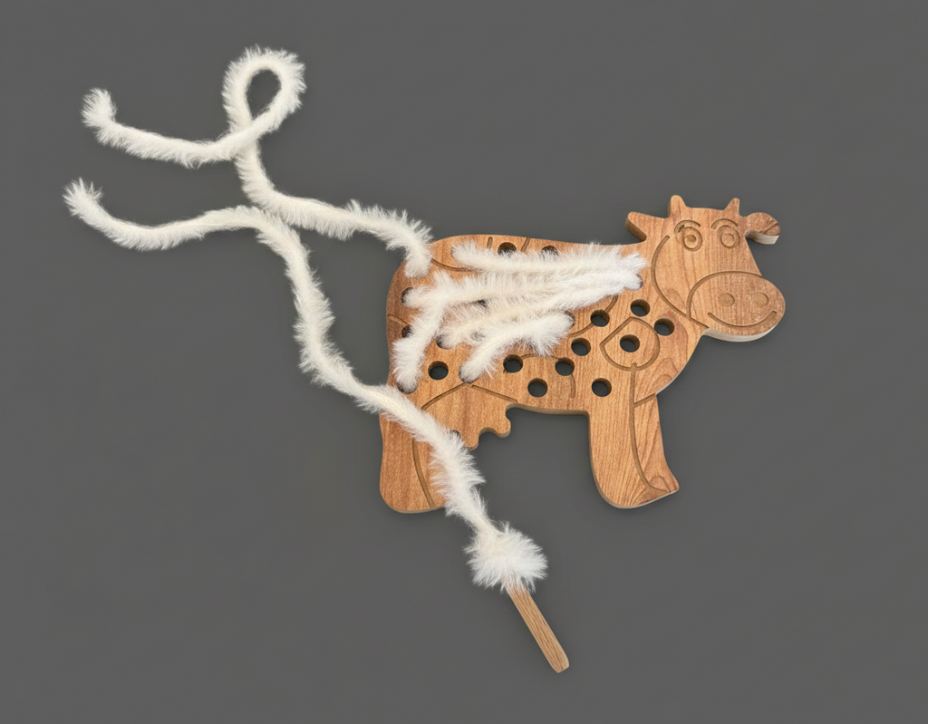 Brown Wool-Style Cow Wooden Puzzle Toy | 21 cm Handmade Animal Puzzle for Kids - handmade wooden toy detail