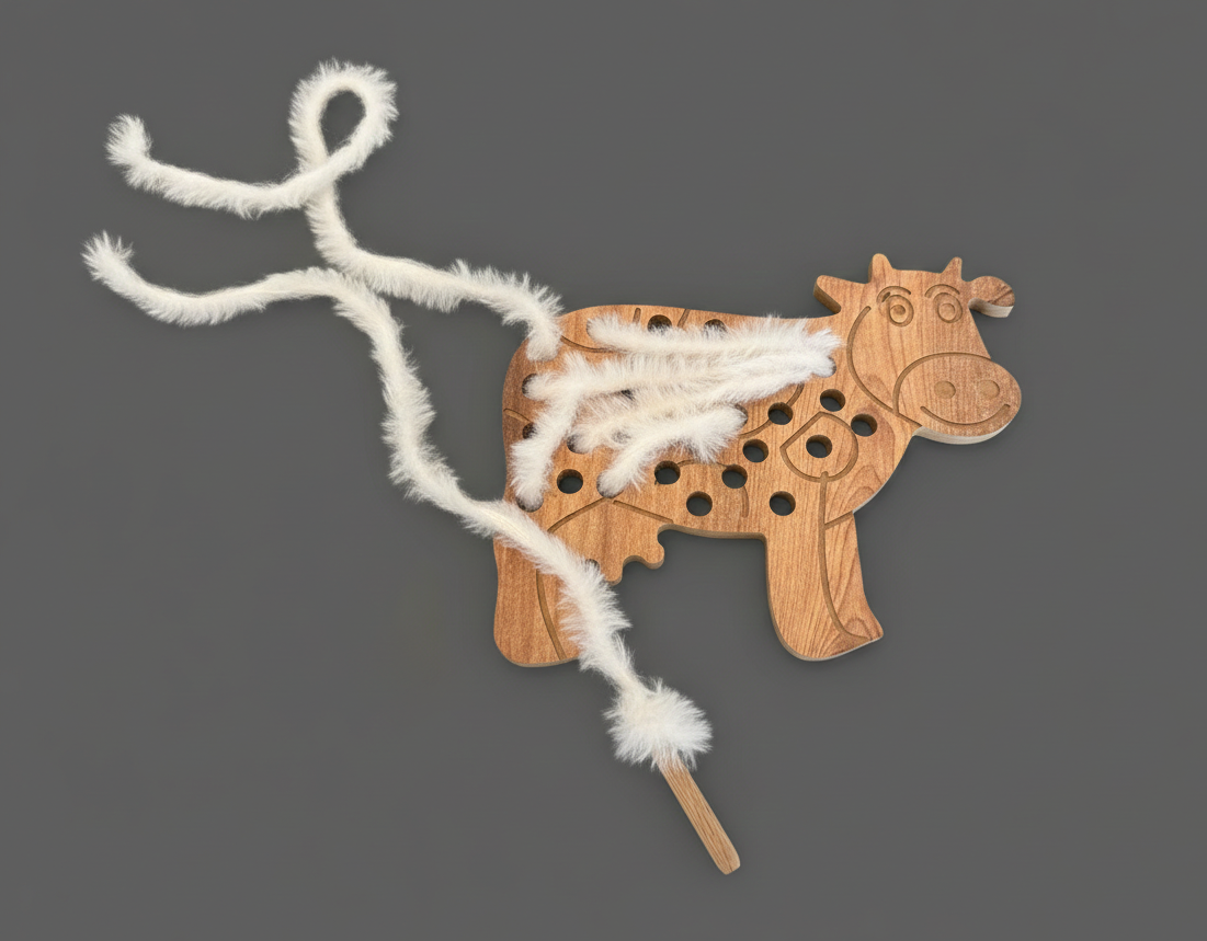 Brown Wool-Style Cow Wooden Puzzle Toy | 21 cm Handmade Animal Puzzle for Kids - handmade wooden toy detail