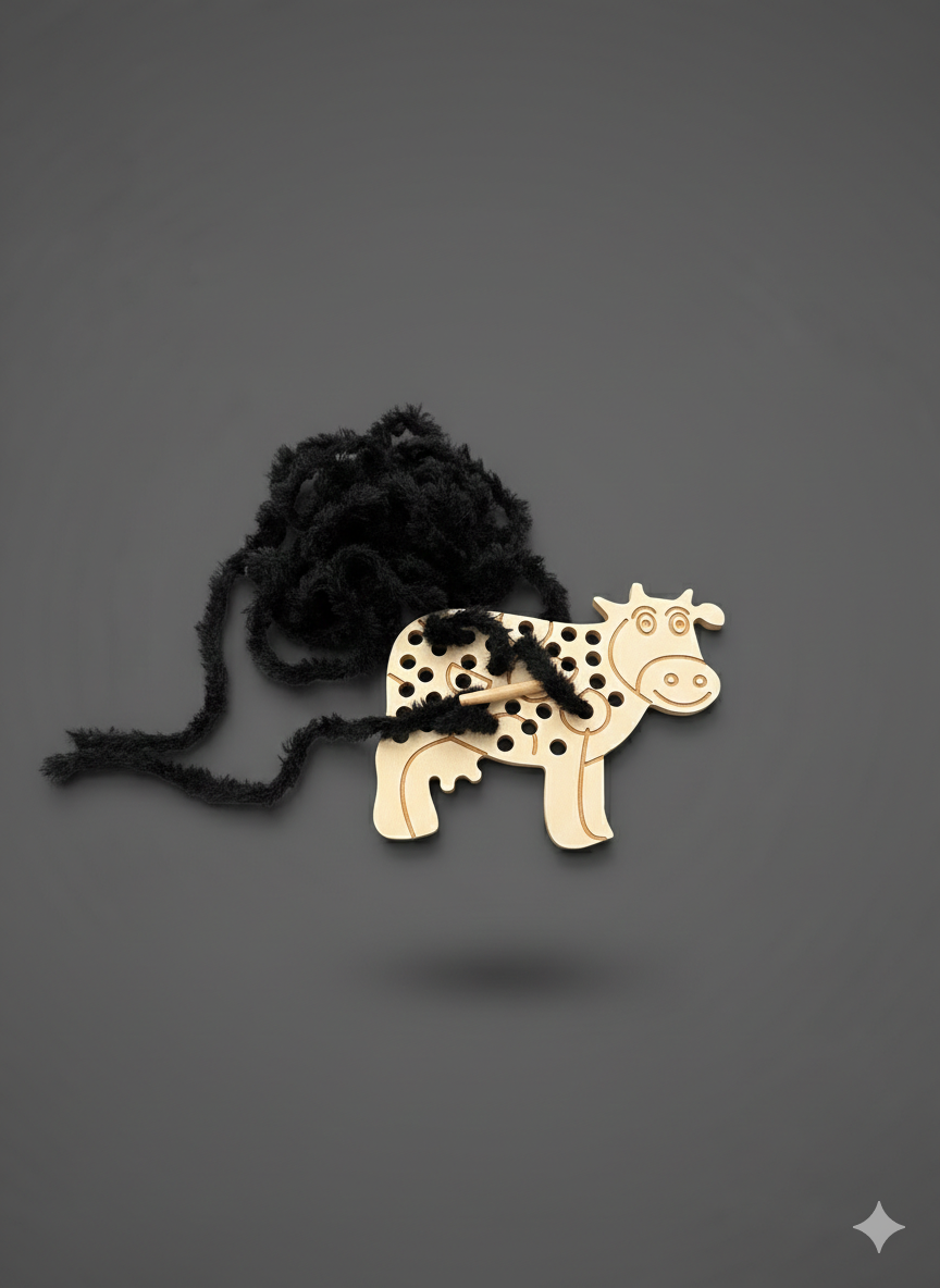 Gray Knitted Wooden Cow Puzzle Toy, Handmade Wooden Animal Puzzle for Kids Room Shelf, Natural Wood Toddler Activity Toy - scale and shape detail