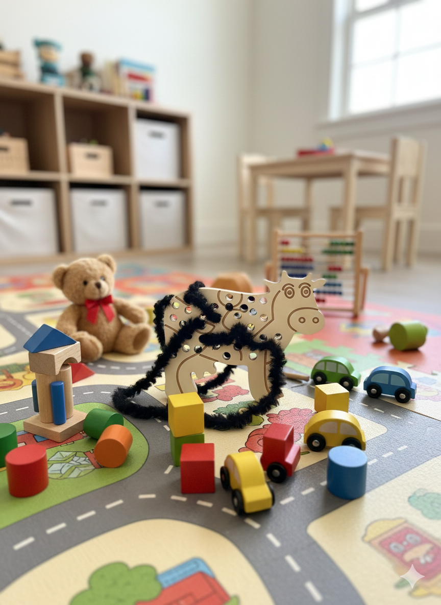 Gray Knitted Wooden Cow Puzzle Toy, Handmade Wooden Animal Puzzle for Kids Room Shelf, Natural Wood Toddler Activity Toy - playroom or nursery display idea