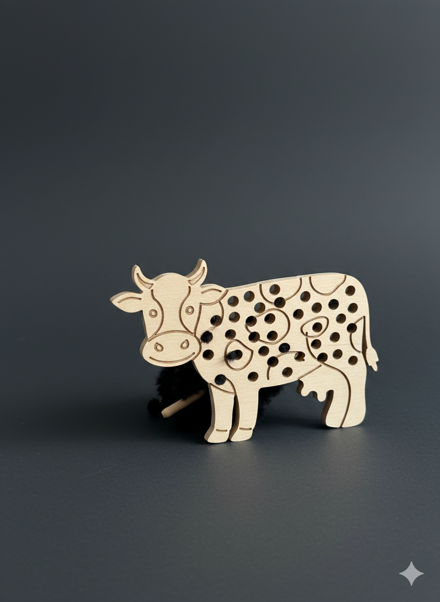 Gray Knitted Wooden Cow Puzzle Toy, Handmade Wooden Animal Puzzle for Kids Room Shelf, Natural Wood Toddler Activity Toy - handmade wooden toy detail