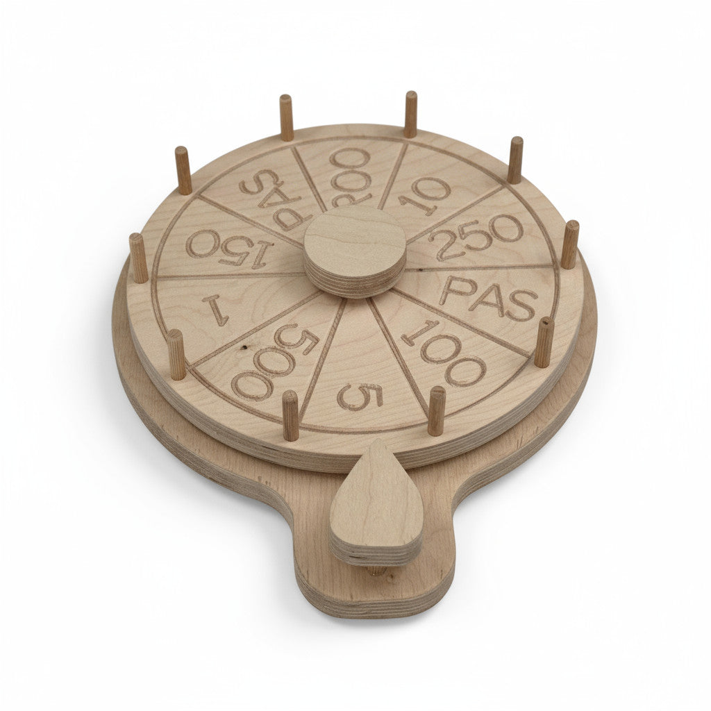 Wooden Wheel of Fortune Puzzle Toy, Hands-On Activity Board, Natural Wood, 33 cm - front view of the wooden activity toy