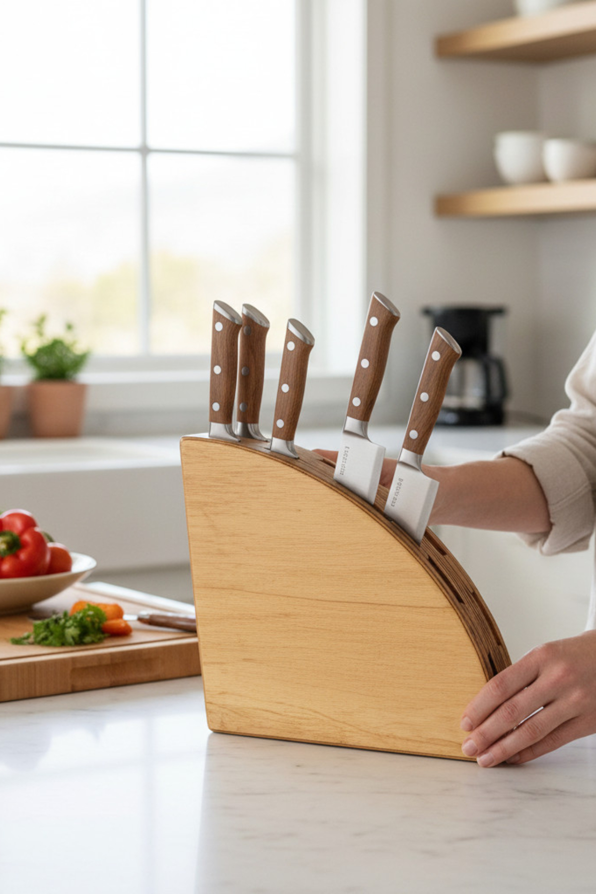 Polished Wooden Knife Stand, Handcrafted Knife Holder for Kitchen Counter Display - side view showing the product profile
