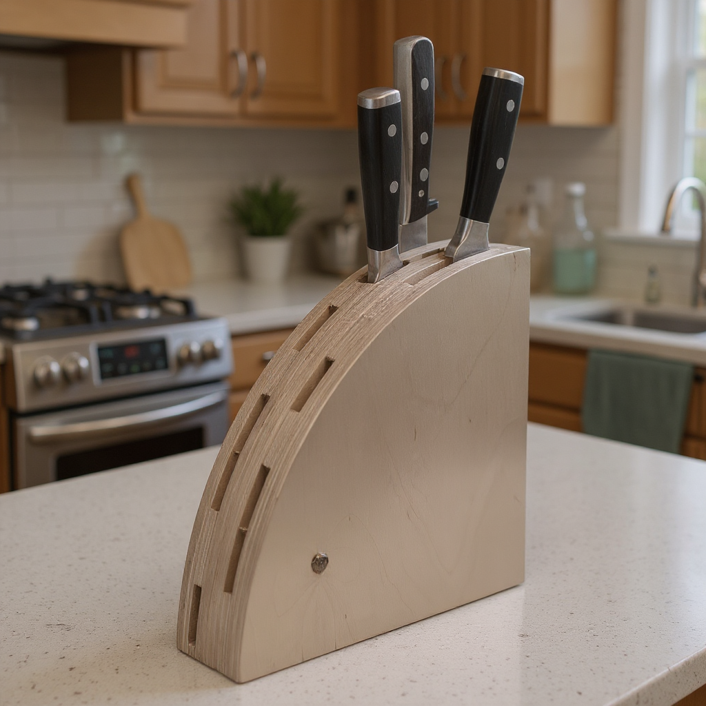Wooden Knife Stand, Minimal Countertop Knife Holder, Handmade Wooden Kitchen Organizer - close up of the product detail