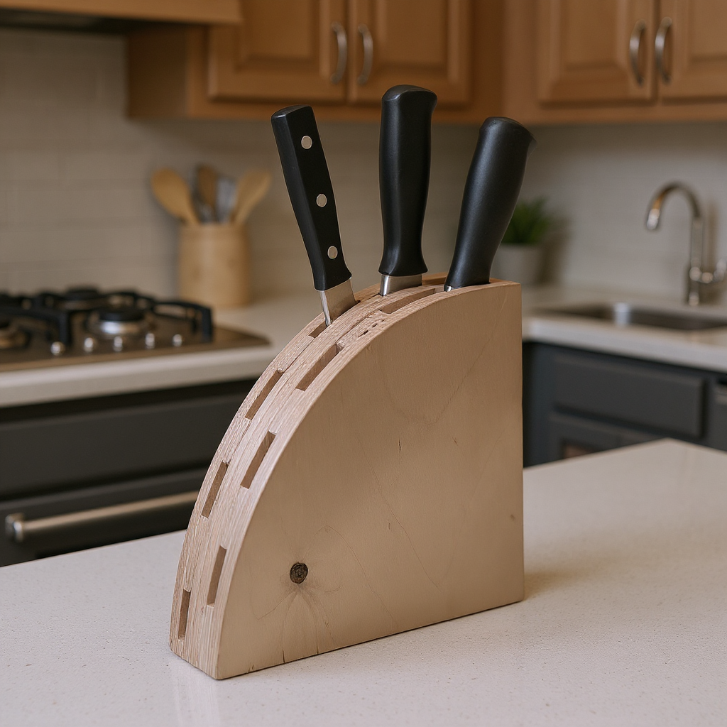 Wooden Knife Stand, Minimal Countertop Knife Holder, Handmade Wooden Kitchen Organizer - wood material and finish detail