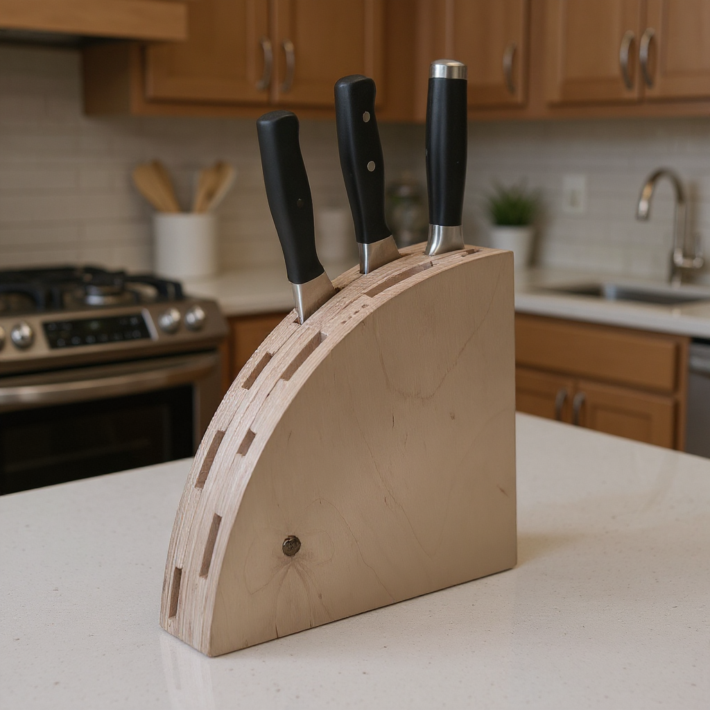 Wooden Knife Stand, Minimal Countertop Knife Holder, Handmade Wooden Kitchen Organizer - side view showing the product profile