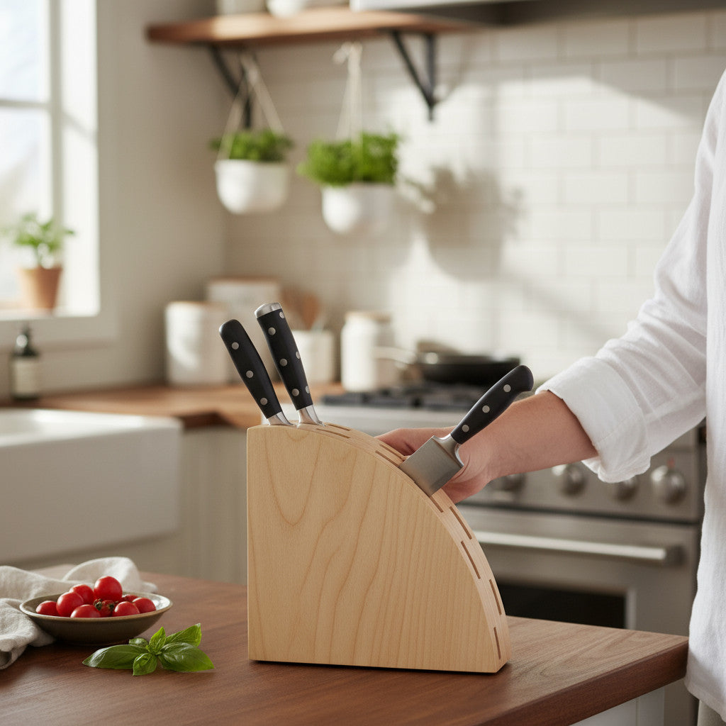 Wooden Knife Stand, Minimal Countertop Knife Holder, Handmade Wooden Kitchen Organizer - front view of the product